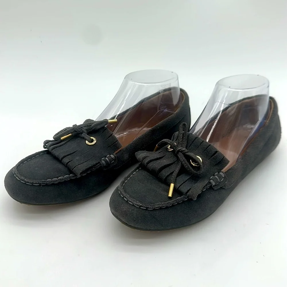 Lands End Women's Moccasin Gray Suede Fringe Slip On Loafers Size 7.0 B